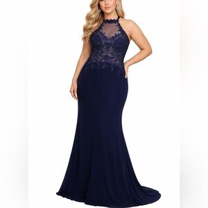 Avery G Beaded Lace Backless Long A-Line Evening Gown Blue Size 12 Formal Dress
